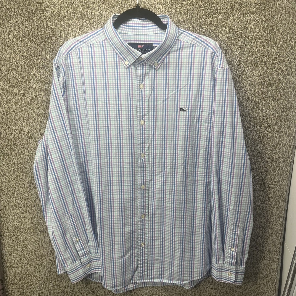 Vineyard Vines Whale Shirt Mens XL Pink Blue Check Plaid Cotton Button Down